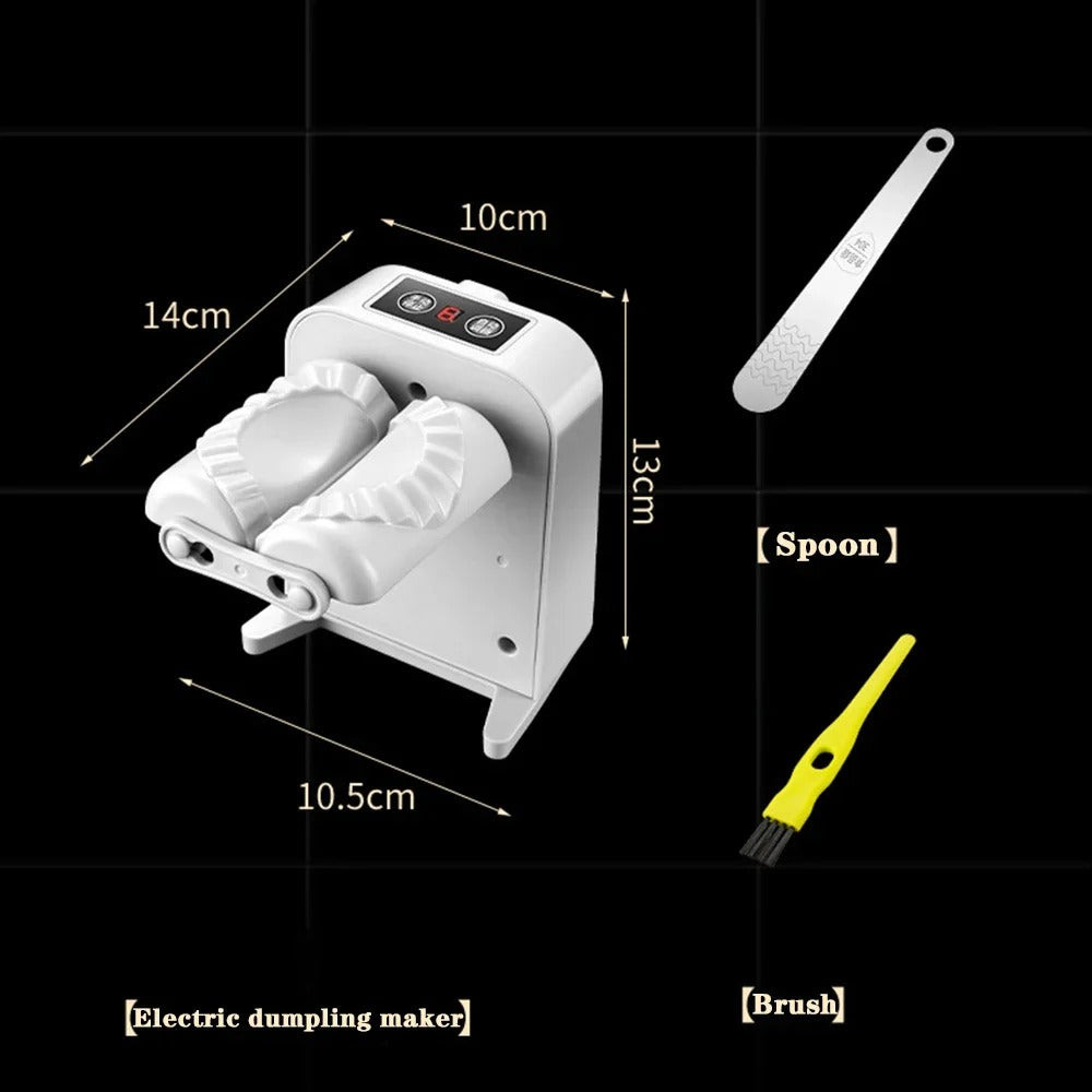Automatic dumpling maker with size dimensions and included spoon and brush accessories