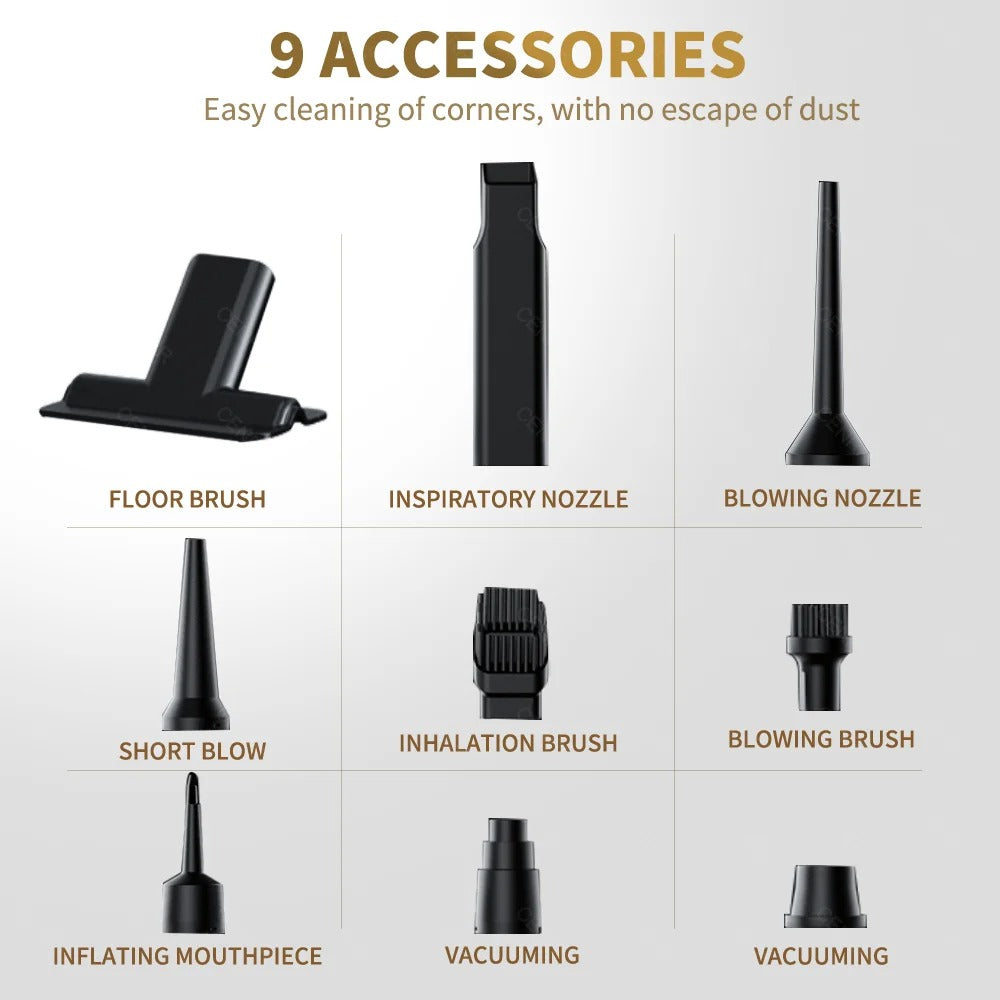 CENRR car vacuum comes with 9 cleaning accessories, including brushes and nozzles for comprehensive car detailing.
