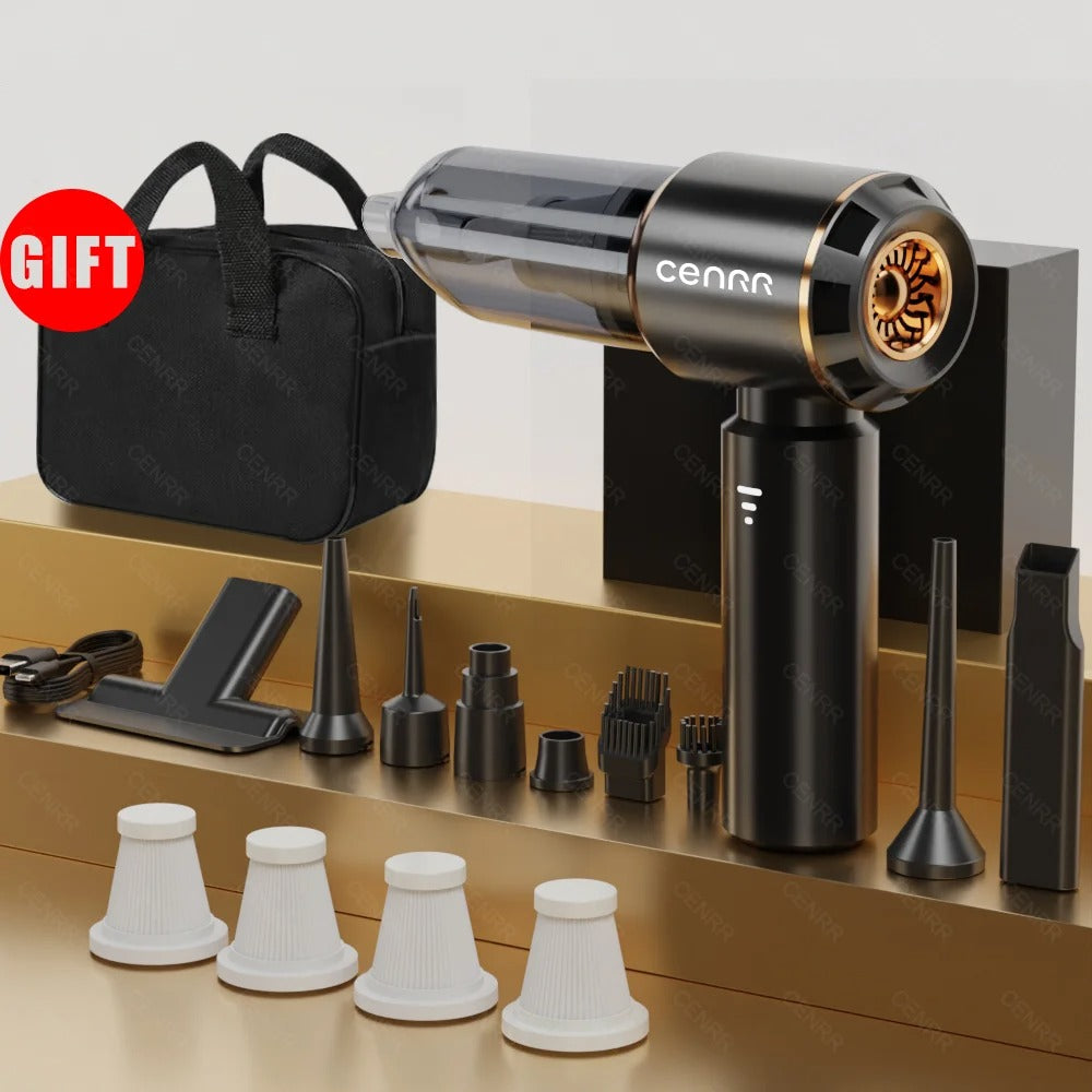 Complete CENRR car vacuum set with 4 HEPA filters, multiple attachments, and a storage bag for easy portability.