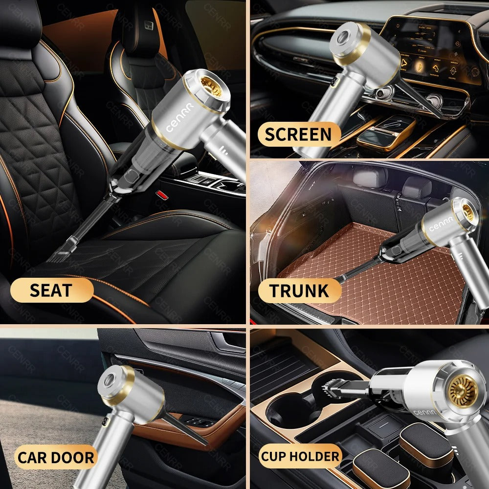 CENRR car vacuum cleaner in action on seat, screen, trunk, car door, and cup holder areas for thorough interior cleaning.