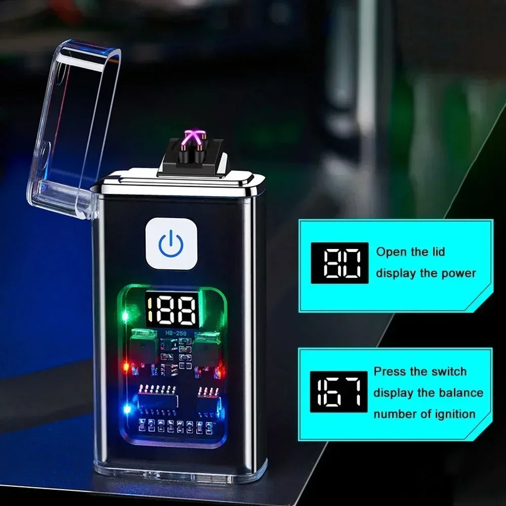 A USB rechargeable plasma lighter displaying battery power and ignition count on its digital screen with LED indicators.