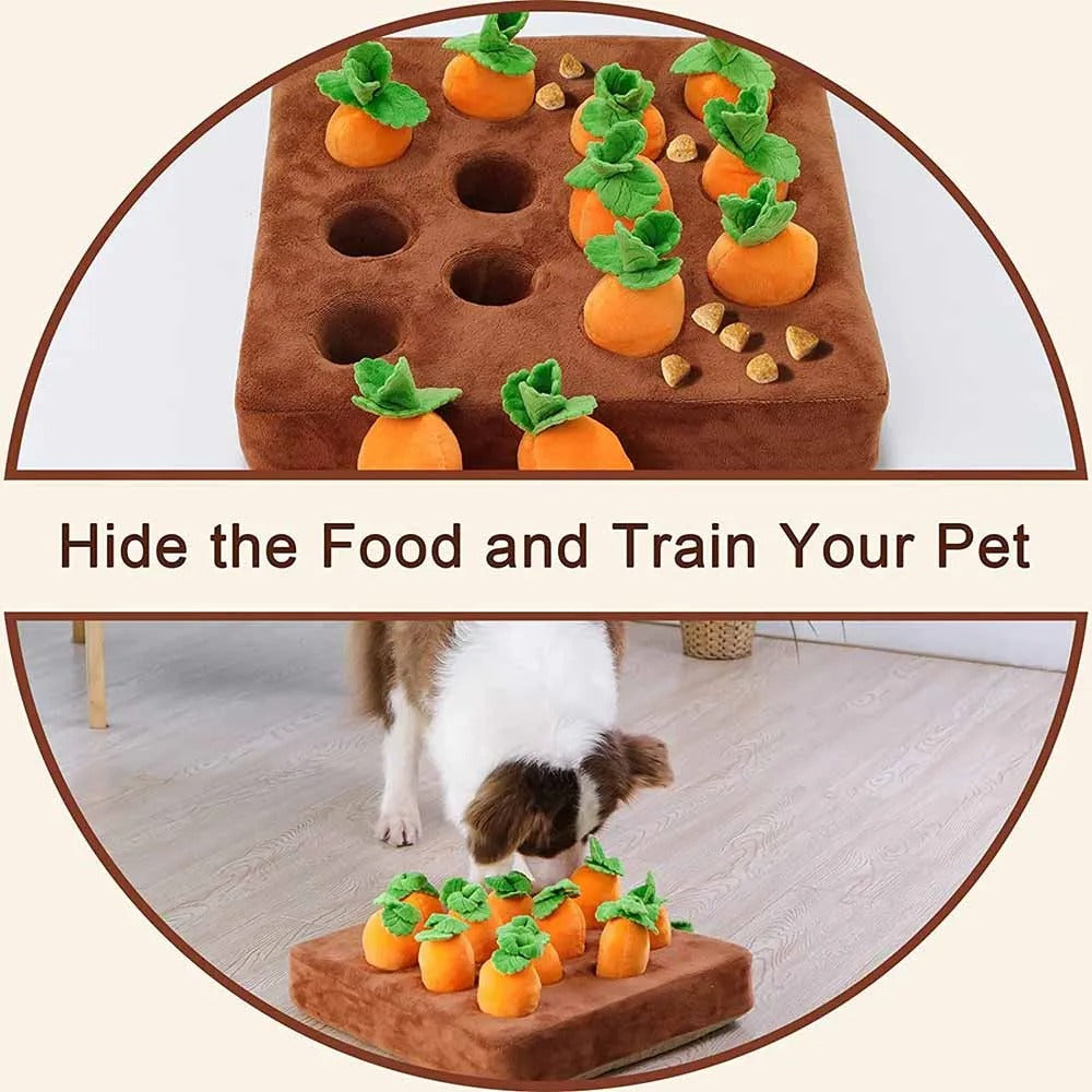 A dog using the plush carrot snuffle mat to find hidden treats for training and enrichment.