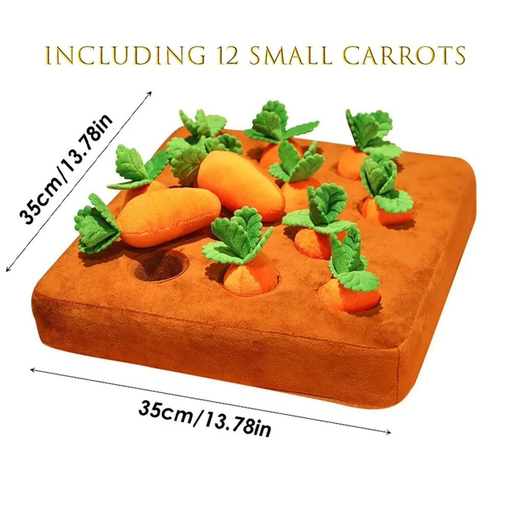 Interactive dog snuffle mat with 12 plush carrots for mental stimulation and training.