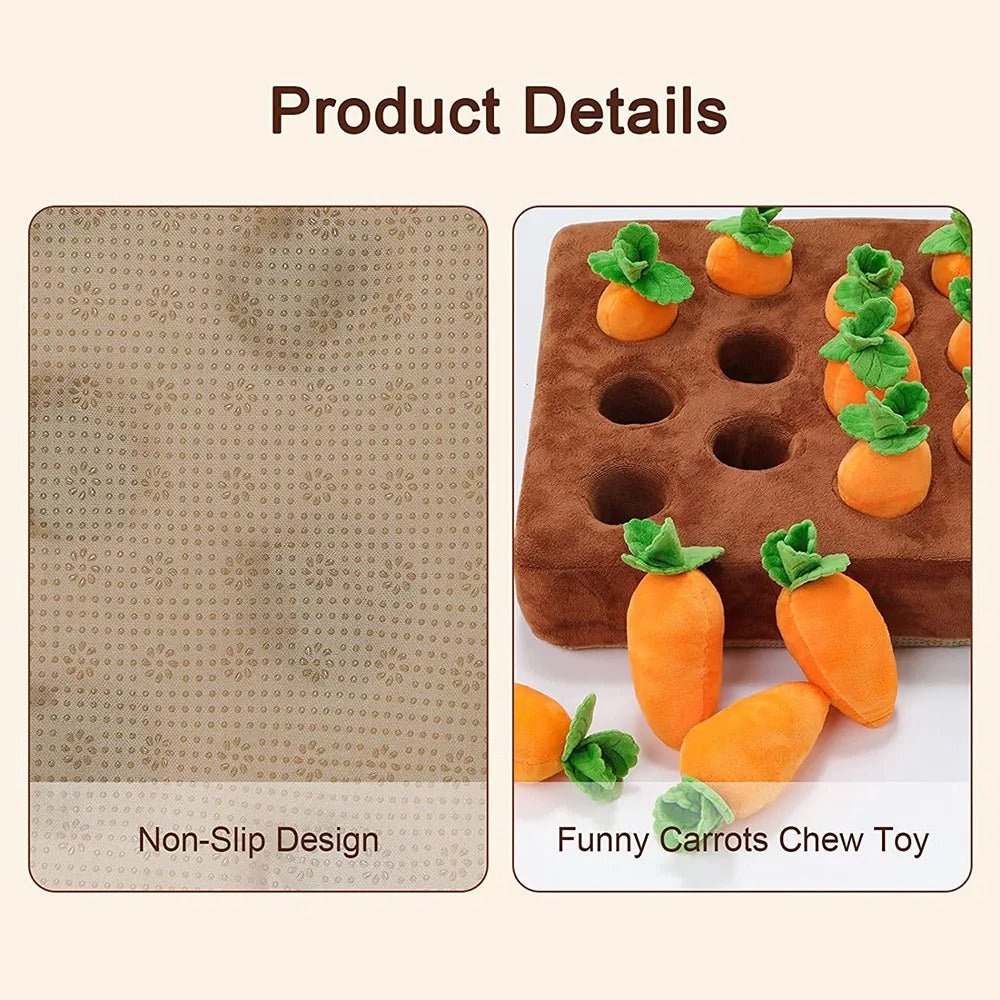 Non-slip design of the snuffle mat with soft plush carrots for dogs to play and chew.