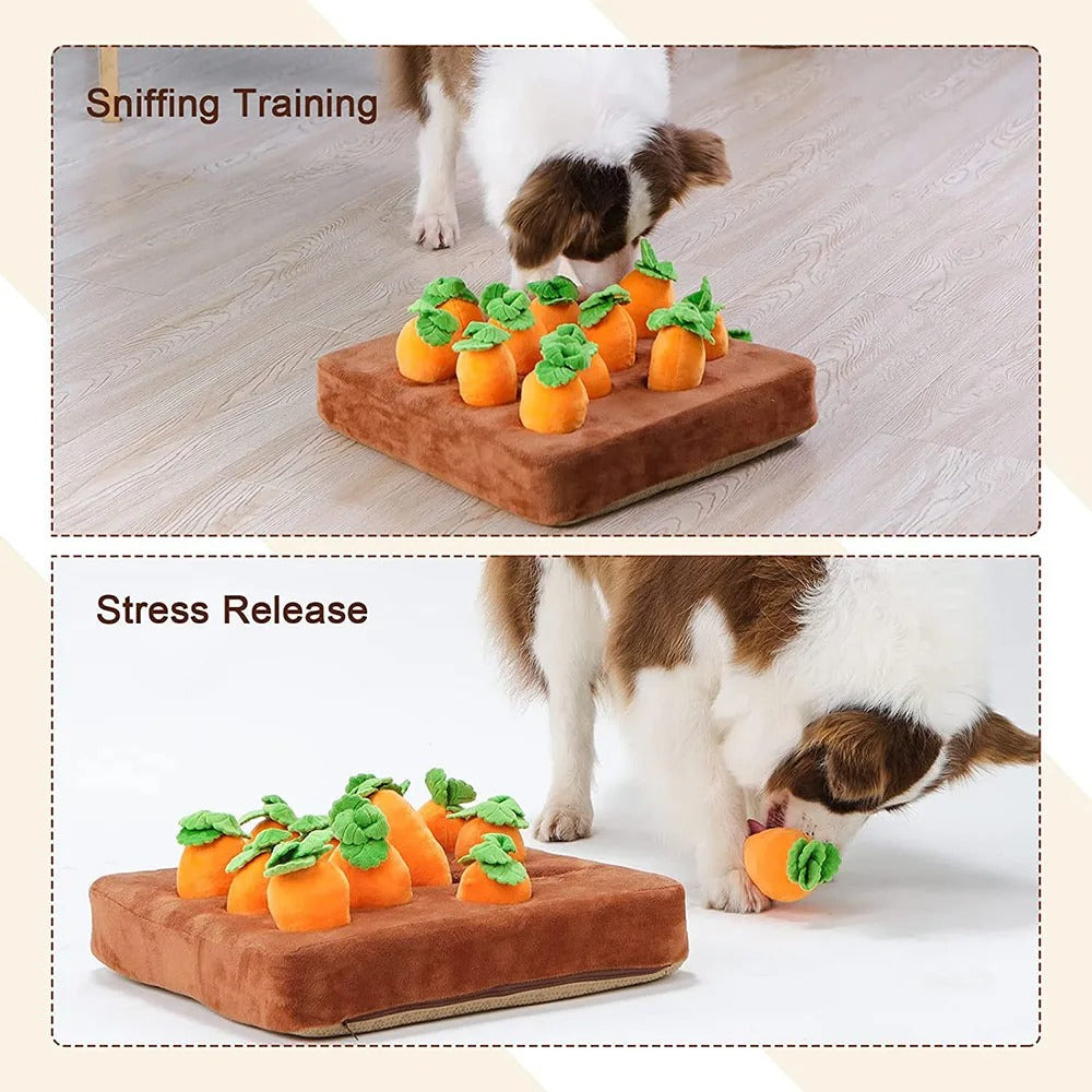 A dog using the plush carrot snuffle mat for sniffing training and stress relief.