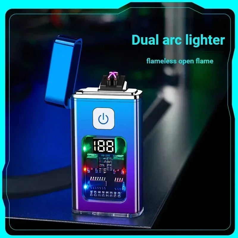 A flameless dual arc electric lighter with an open lid, featuring LED lighting and a futuristic design.