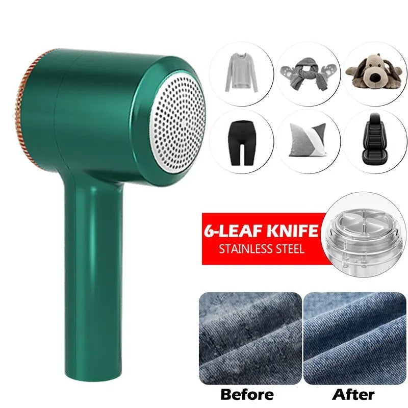 Green fabric shaver with stainless steel blade head and before-and-after lint removal results on fabric