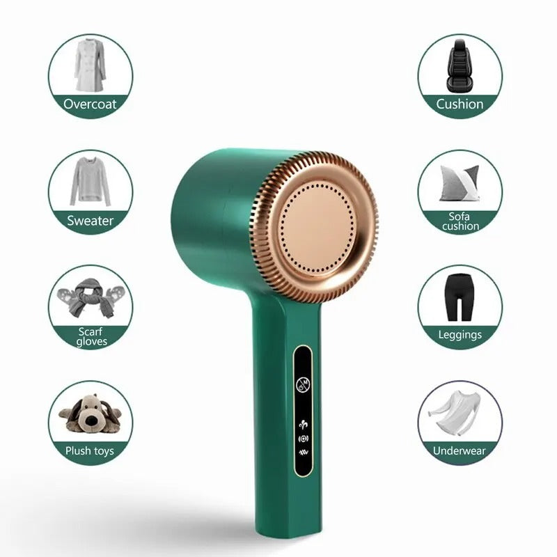 Green lint remover surrounded by icons for coats, sweaters, cushions, leggings, plush toys, and more