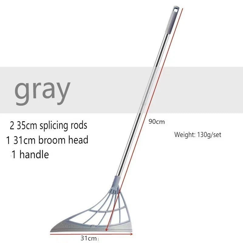 Gray magic broom with dimensions of 90cm height and 31cm wide broom head, featuring splicing rods and handle.
