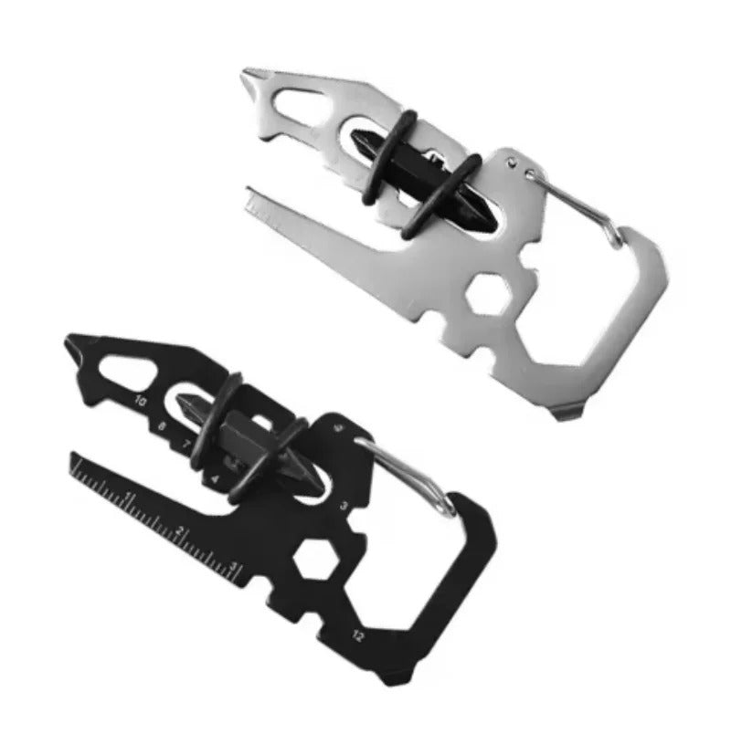Black and silver versions of the portable stainless steel multi-tool with hex wrenches and carabiner clip.