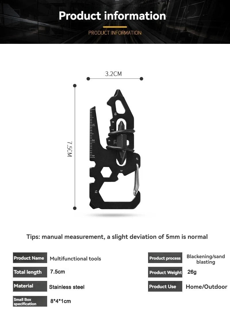 Stainless steel pocket multi-tool with dimensions labeled for portable convenience.