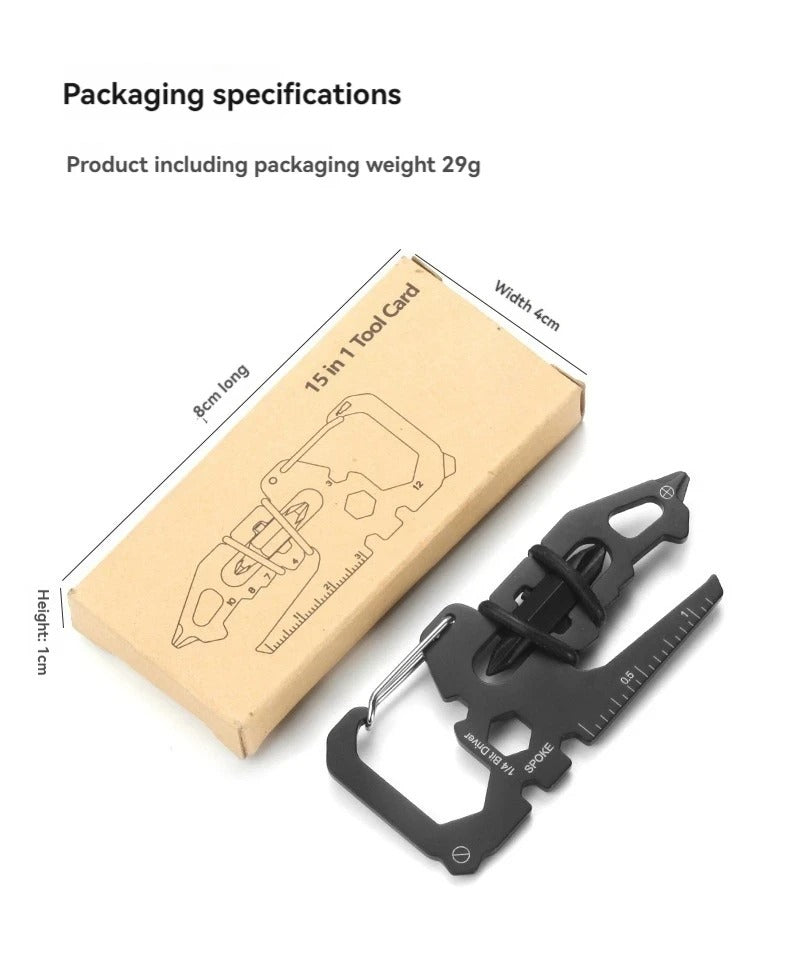Compact 15-in-1 multi-tool in packaging, showing keychain attachment and various functions.