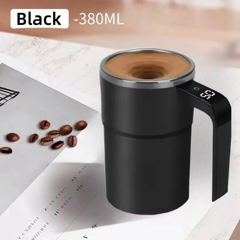 Black 380ML self-mixing coffee mug with USB charging and smart mixing.