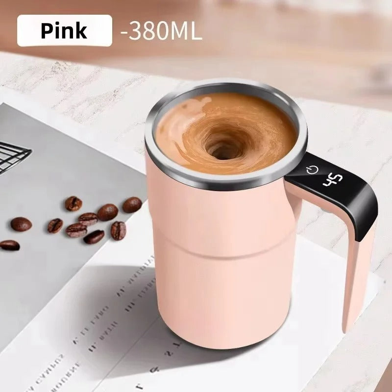 Pink 380ML automatic self-mixing coffee mug with rechargeable stirring function.