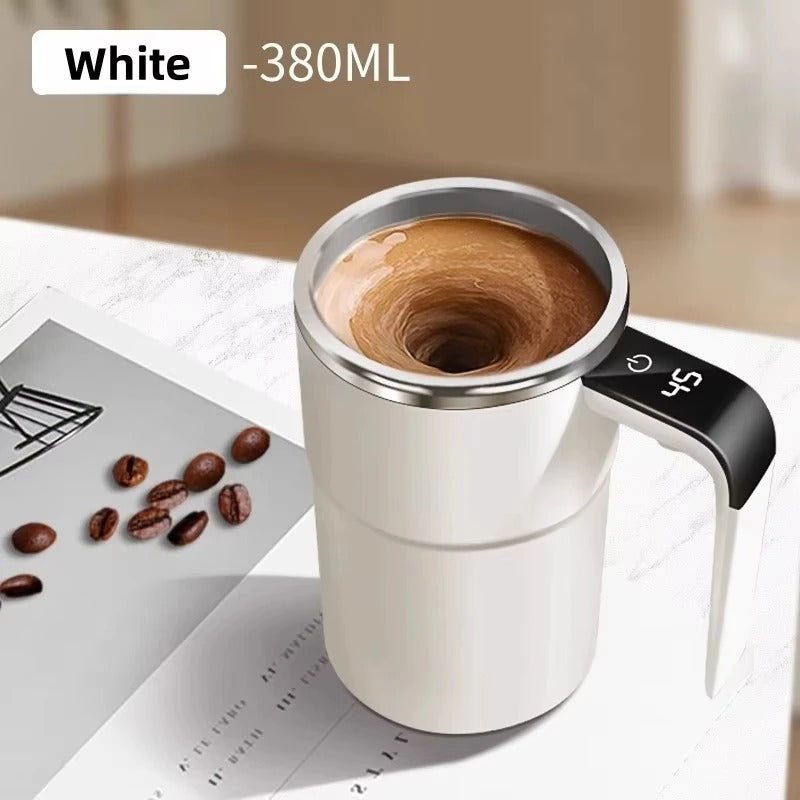 White 380ML self-mixing coffee mug with automatic stirring and digital display.