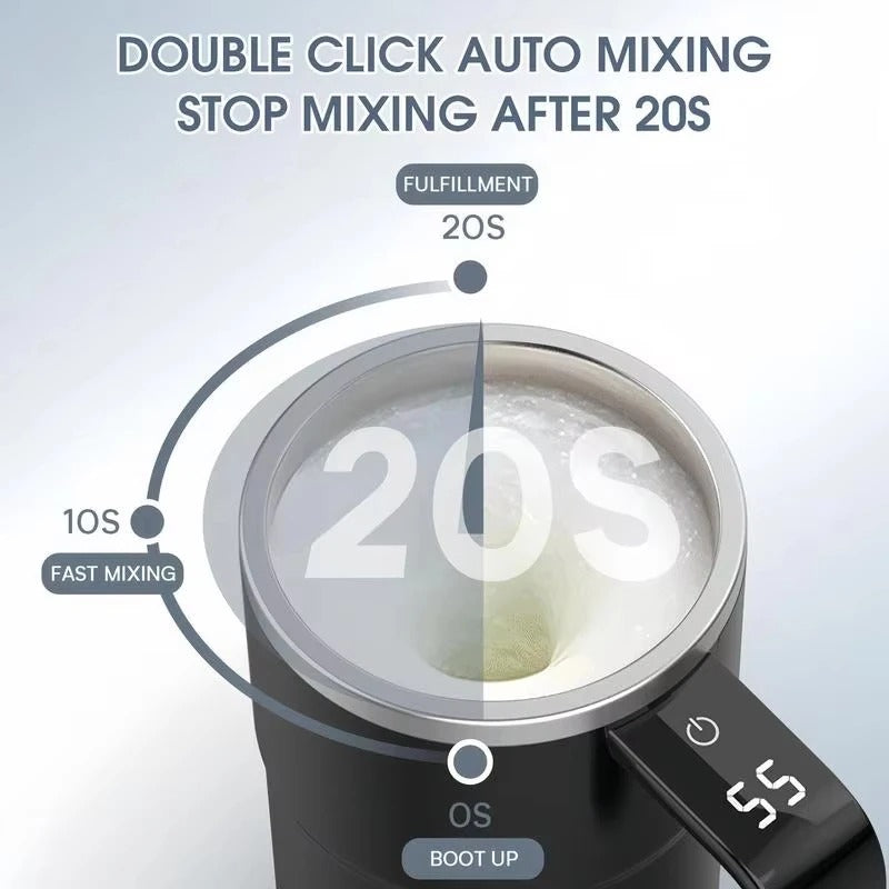 Automatic mixing coffee mug with double-click auto-stirring function that stops after 20 seconds.
