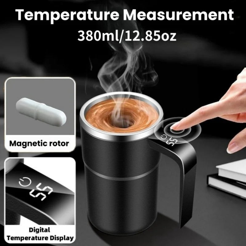Self-stirring coffee mug with real-time digital temperature measurement display.