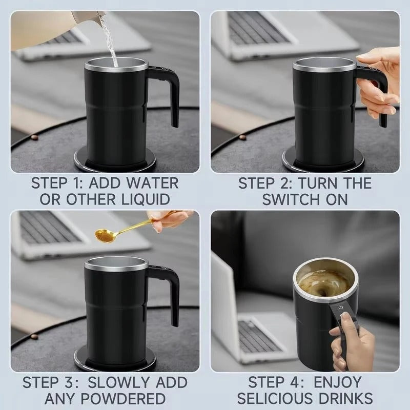 Step-by-step guide on how to use the self-stirring coffee mug for perfect mixing.