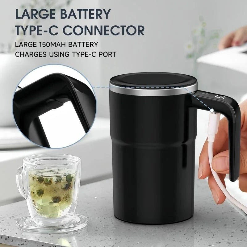 USB Type-C rechargeable self-stirring coffee mug for convenient and fast charging.