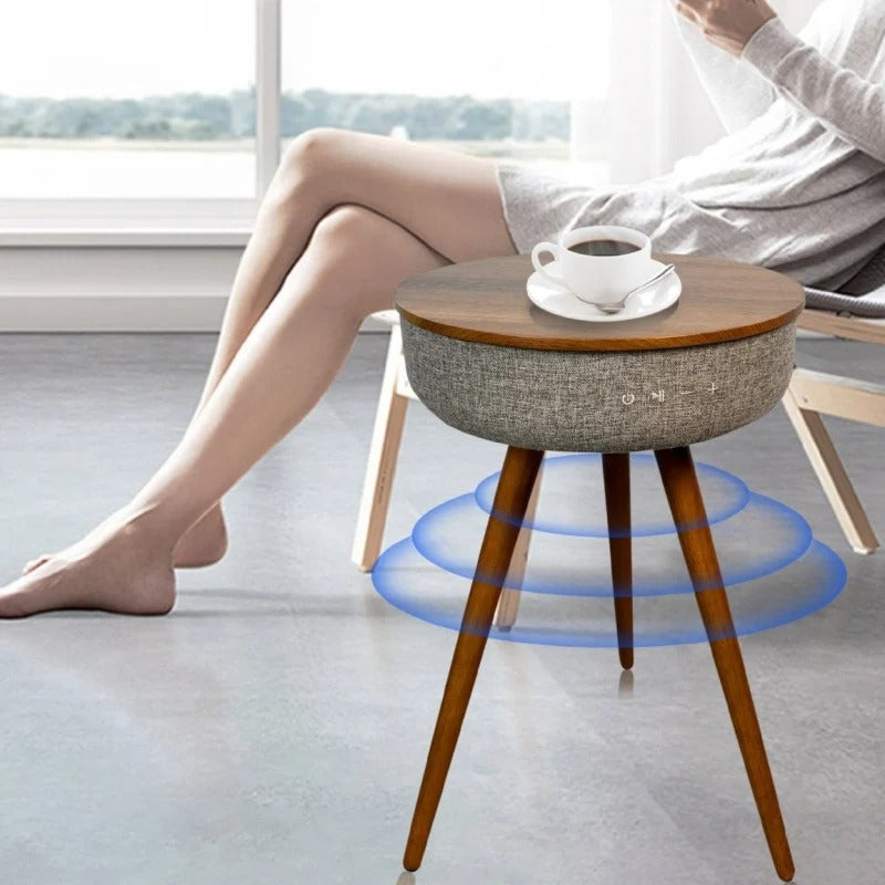 Smart coffee table with Bluetooth speaker functionality displayed