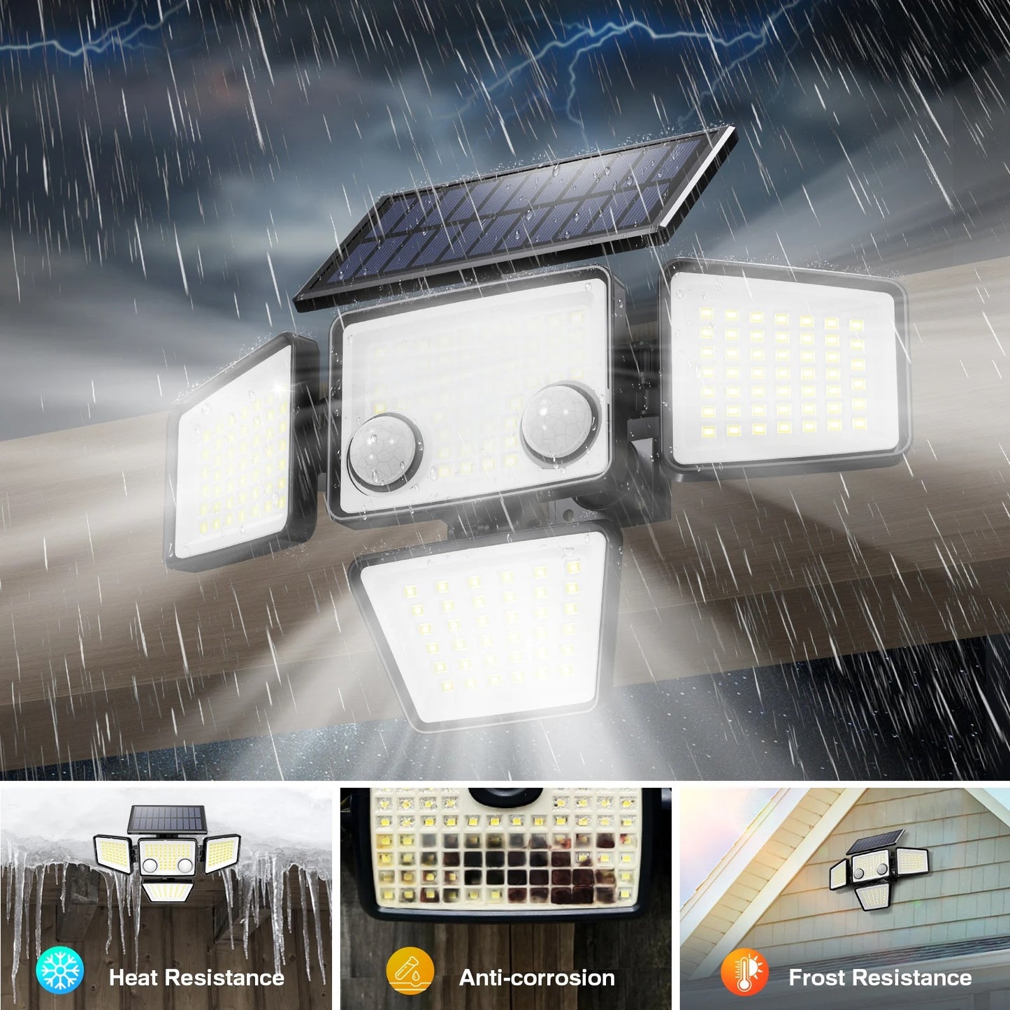 Weatherproof solar floodlight with heat, frost, and corrosion resistance features.