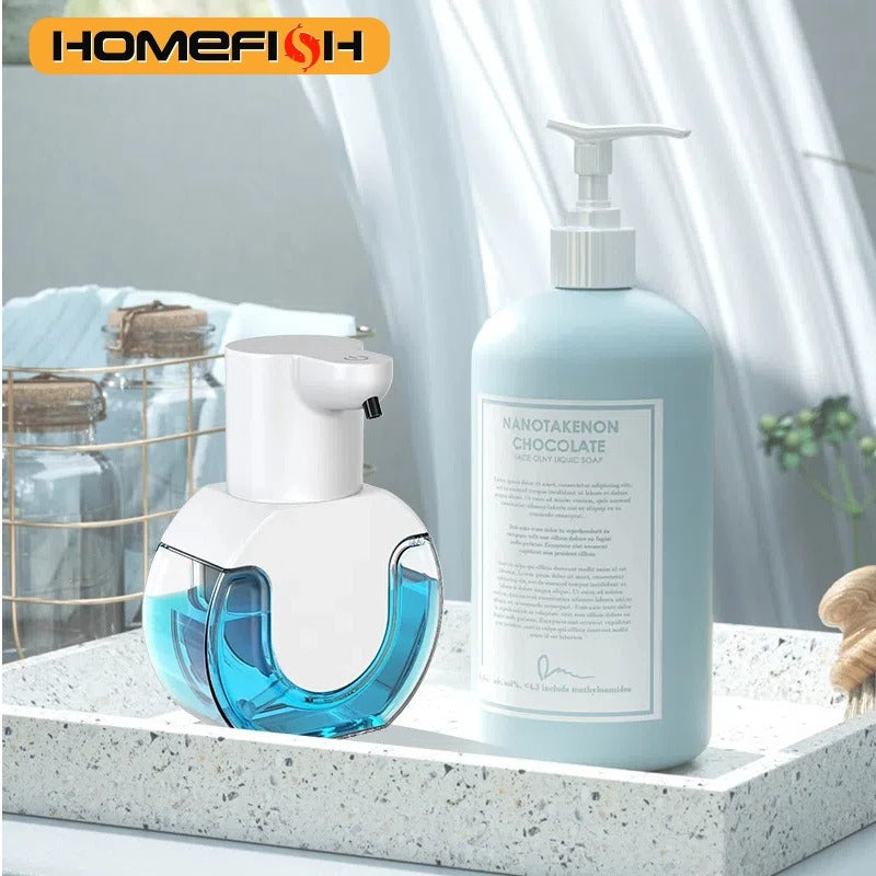 Motion sensor soap dispenser beside lotion or soap bottle in bathroom