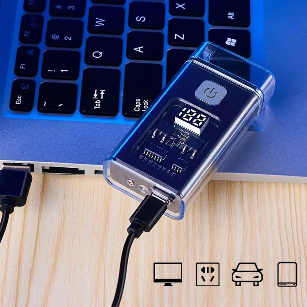 A USB rechargeable lighter connected to a laptop via a Type-C charging port, showcasing its portability and convenience.