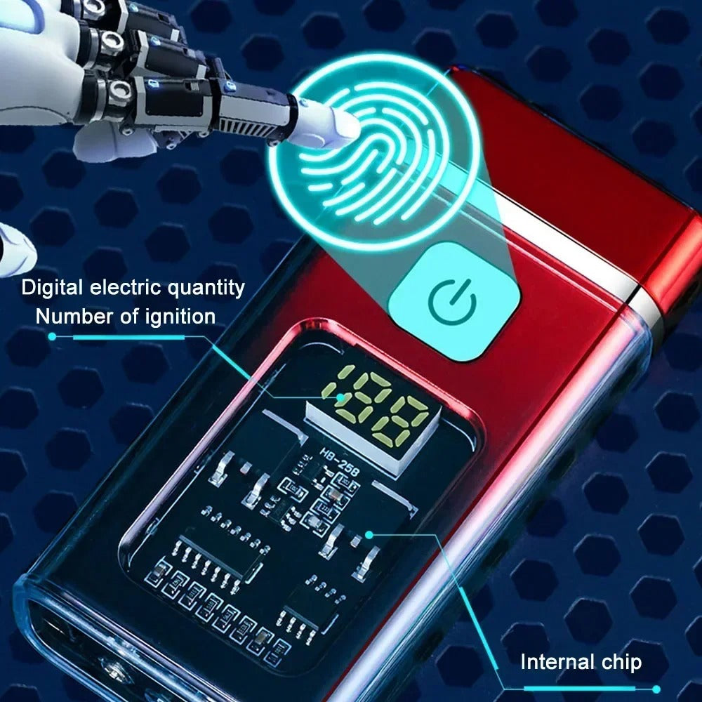 A stylish plasma lighter with a digital display and fingerprint touch ignition, featuring a transparent body with internal chip details.