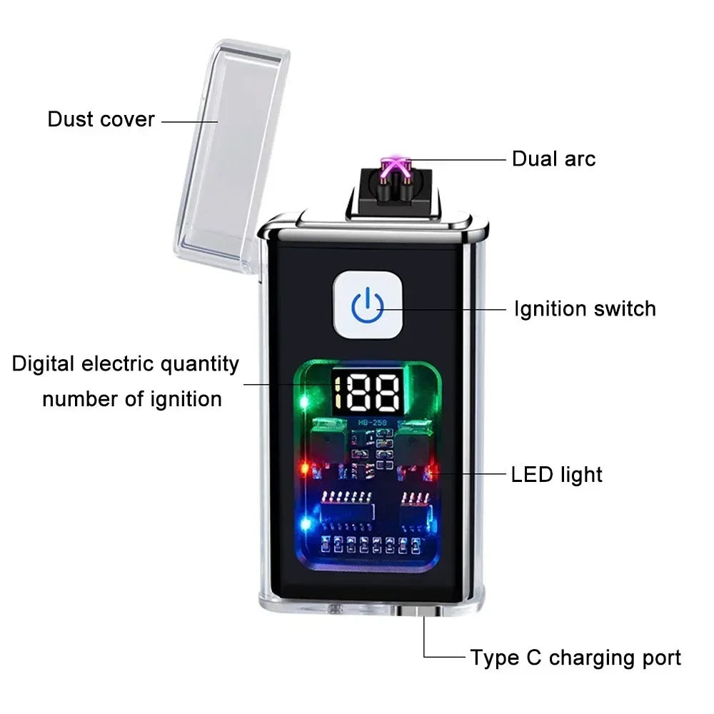 Close-up view of a USB rechargeable dual arc lighter with a transparent dust cover, LED lights, and a digital ignition counter.