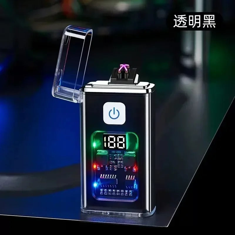 Black transparent USB rechargeable plasma lighter featuring a digital display and windproof dual arc design.