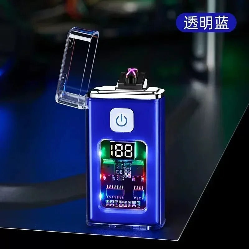 Blue transparent USB rechargeable plasma lighter with LED indicators and dual arc plasma ignition.