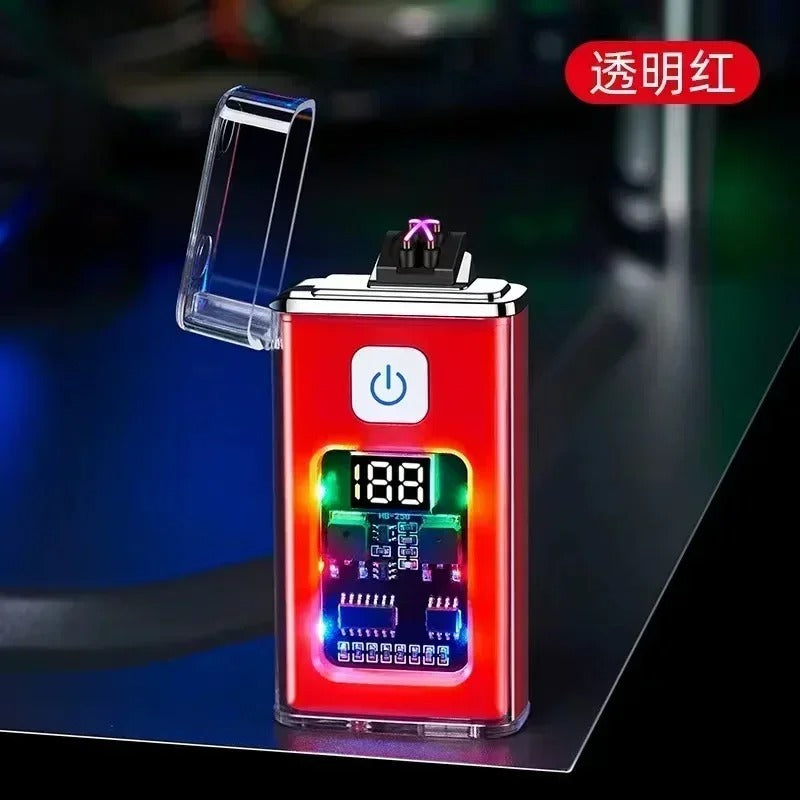 Red transparent USB rechargeable plasma lighter with digital display and dual arc ignition.
