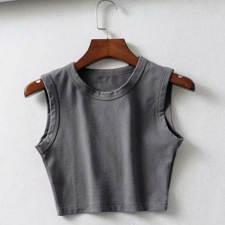 Gray biker-style crop top – sleeveless punk tank for women, vintage Korean streetwear