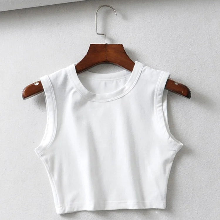 White vintage crop top for women – biker punk streetwear style, sleeveless and fitted design