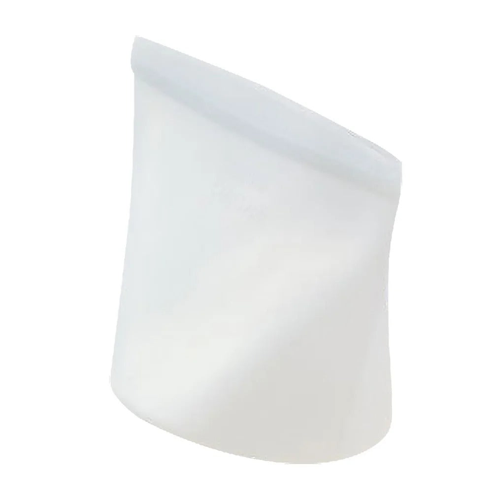 Empty white reusable silicone food storage bag with leakproof seal