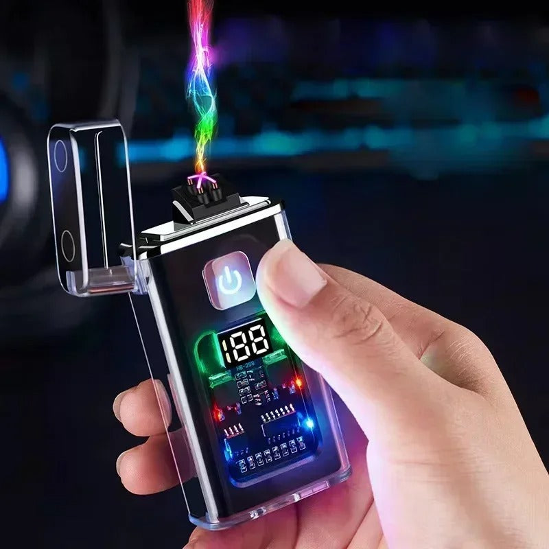 A person holding a windproof dual arc plasma lighter with vibrant LED lights and a transparent design.