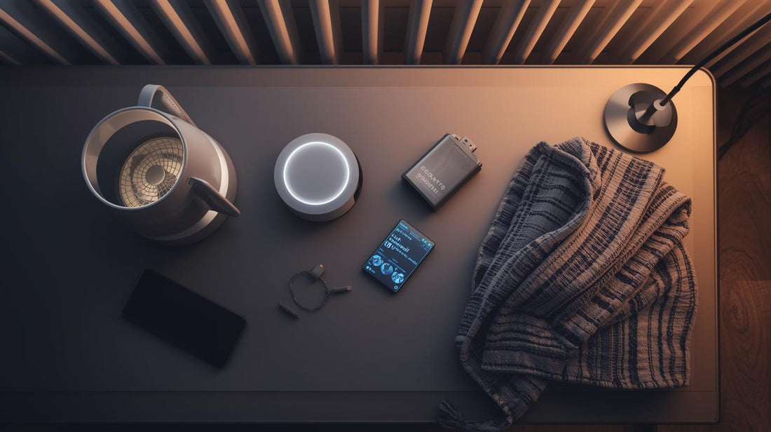 Flat lay of clever futuristic home gadgets including a self-stirring mug, LED fan, rechargeable lighter, and cozy glow-in-the-dark blanket on modern desk