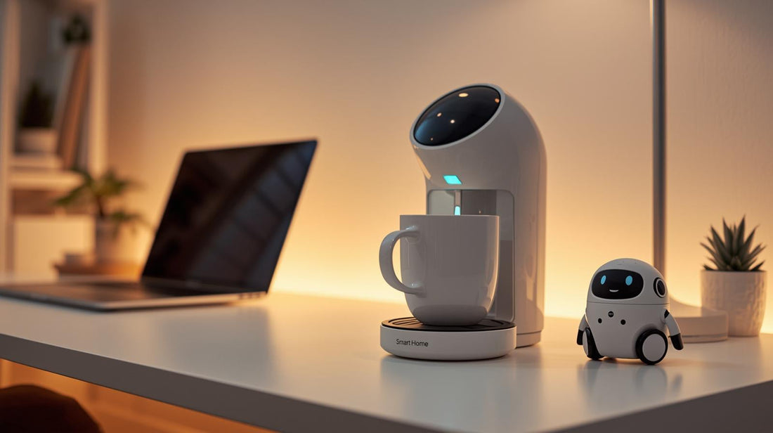 Modern smart home desk setup with a mug warmer, laptop, and small AI robot companion, showcasing trending home gadgets for 2026