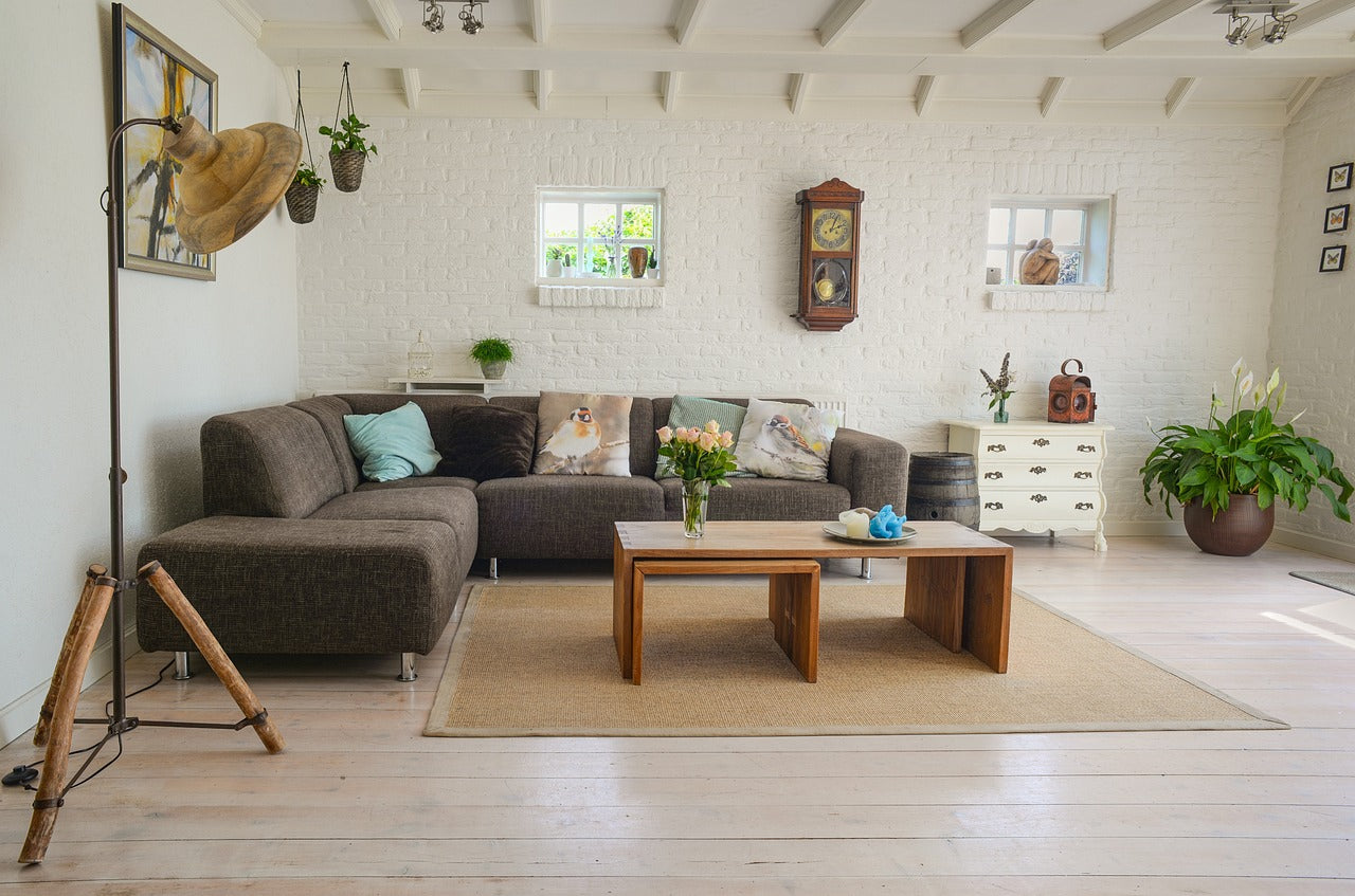 Modern home décor featuring a cozy living room with a sectional sofa, decorative pillows, a coffee table, indoor plants, and wall accents in a bright, airy space.