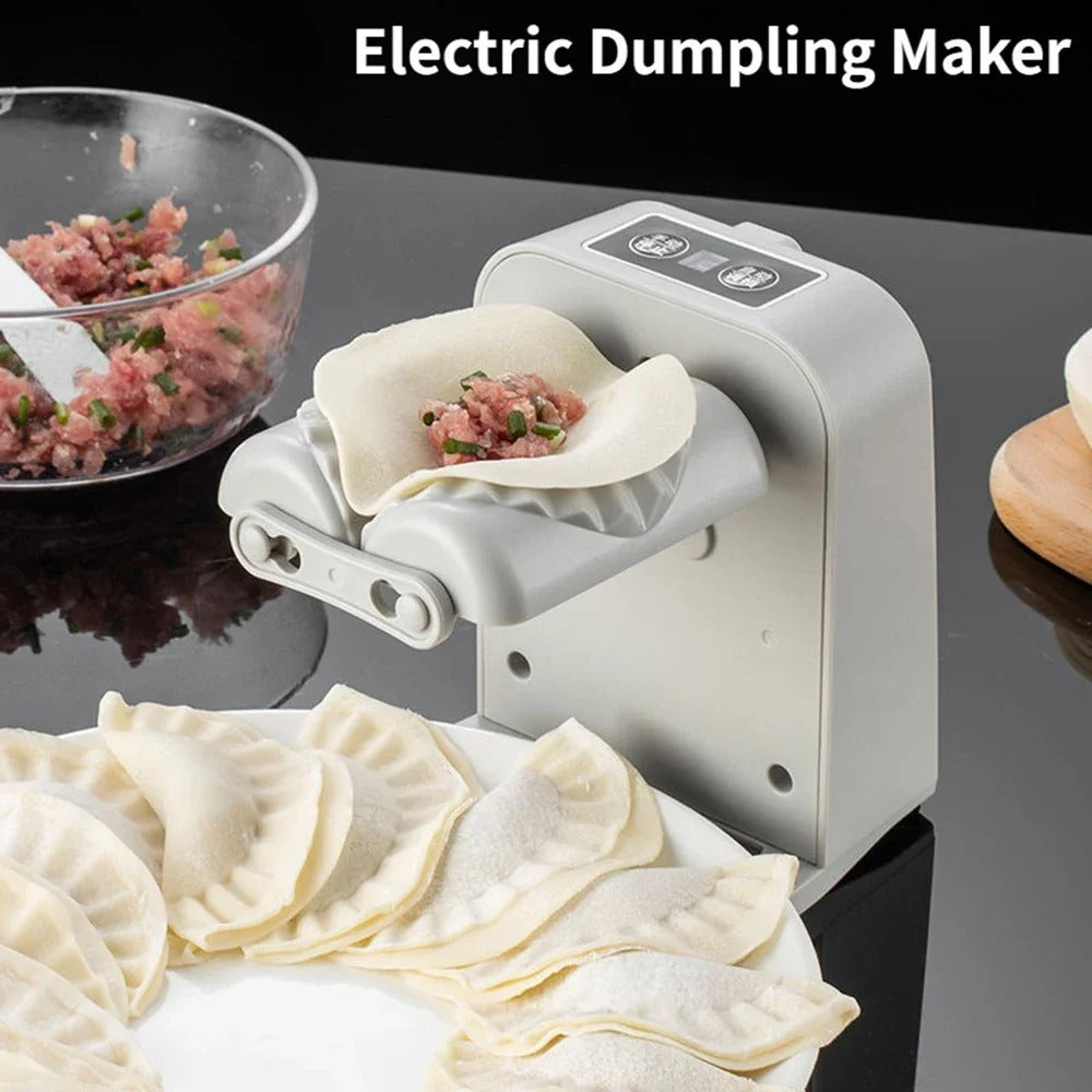 Automatic dumpling maker showing dough and filling being shaped into dumplings
