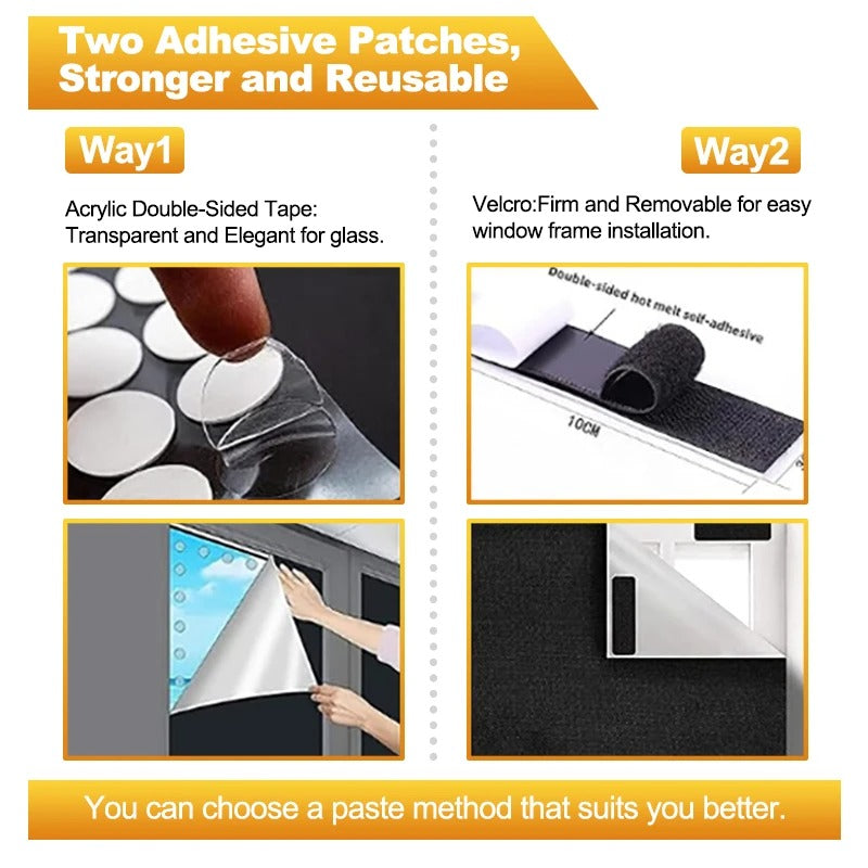 Two installation methods for blackout curtains: double-sided adhesive tape for glass and removable Velcro for window frames.