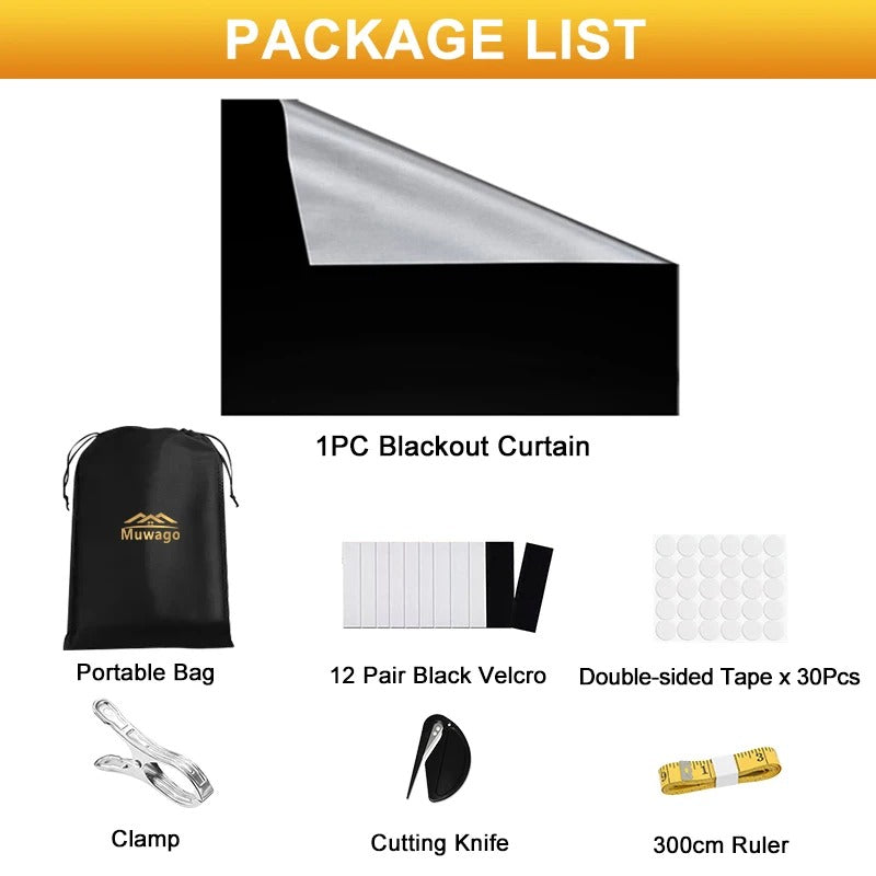 Full blackout curtain set with accessories including portable bag, Velcro strips, adhesive tape, clamp, cutting knife, and ruler.