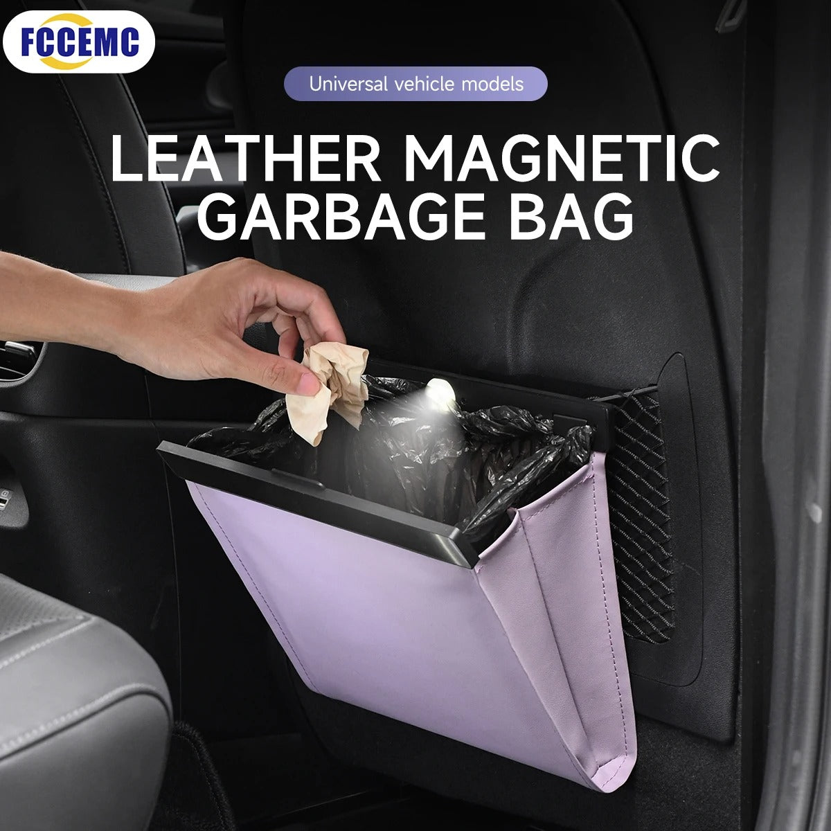 Leather Magnetic Car Trash Bag with LED Light for Nighttime Use