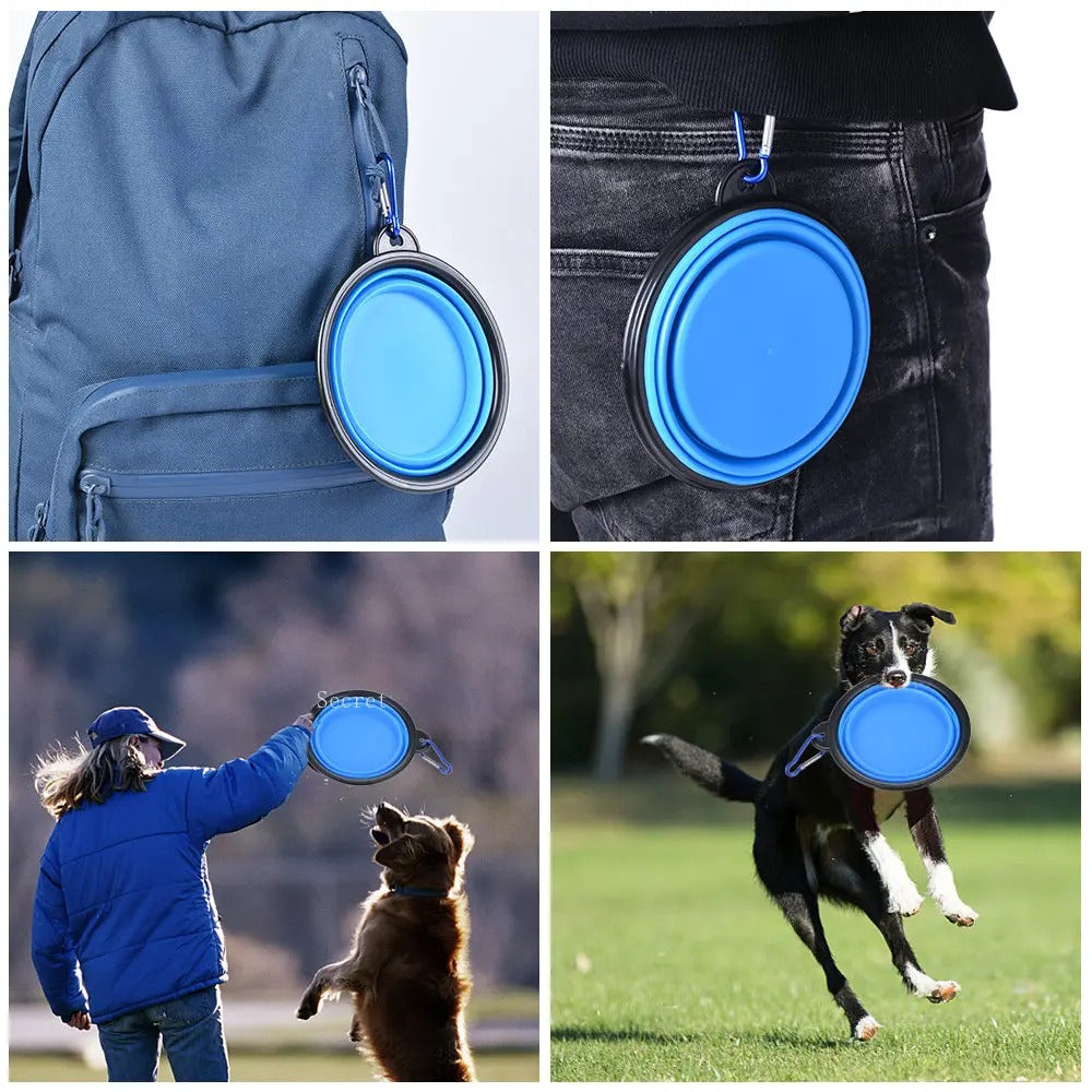 Collapsible blue pet food bowl with carabiner clipped to a backpack, in use by dogs for outdoor activities