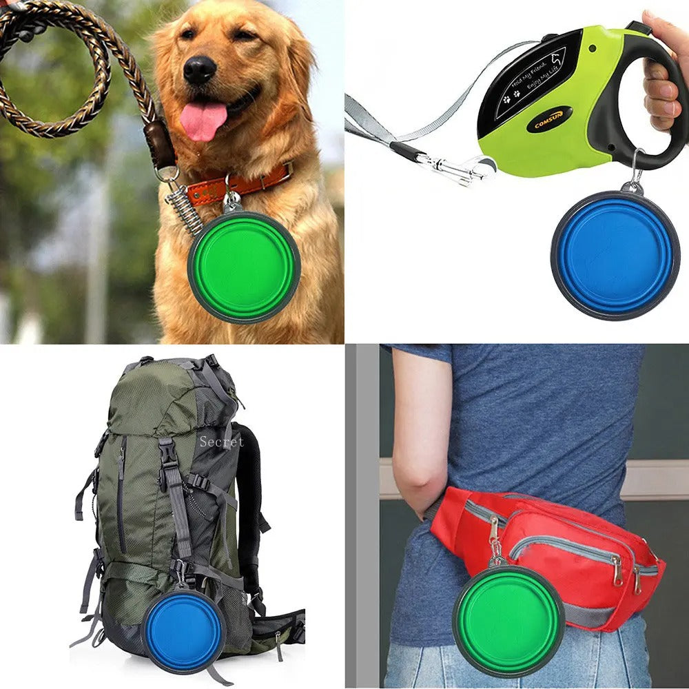 Collapsible pet food bowl in green and blue, attached to various items including a dog collar, leash, backpack, and waist bag. Perfect for travel and outdoor adventures with pets.