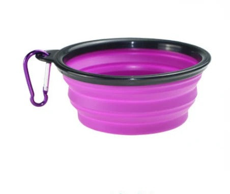 Vibrant violet collapsible pet food and water bowl with carabiner clip.