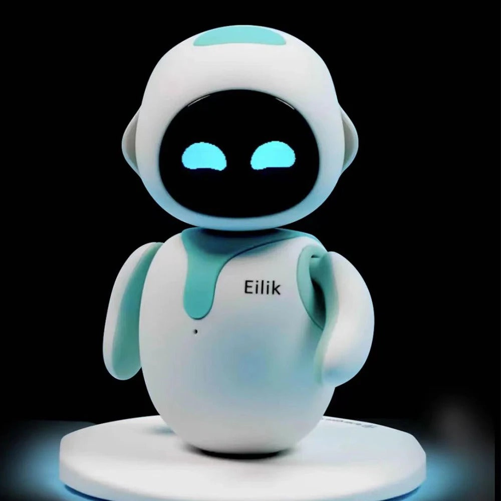 Eilik interactive AI desktop robot on a dark background with illuminated blue eyes