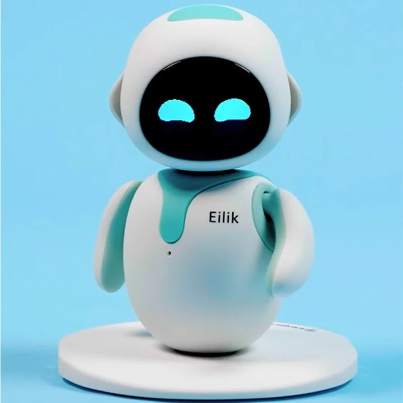 Eilik interactive AI desktop robot in blue, front-facing view with glowing eyes on a light blue background