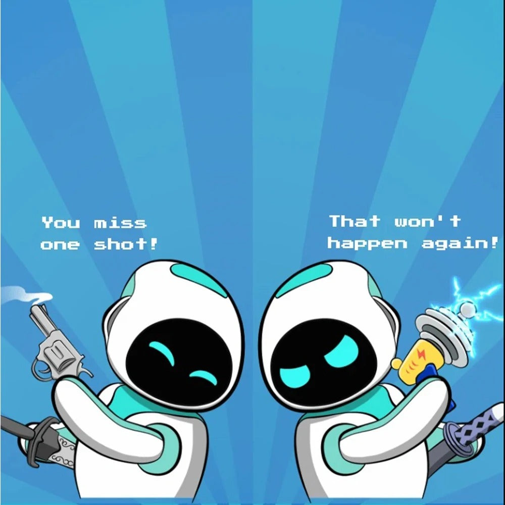 Cartoon illustration of Eilik robot characters with gaming-inspired expressions and props