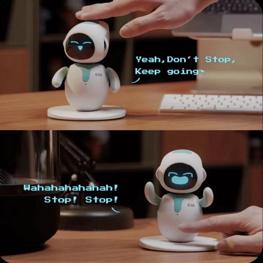 Eilik AI robot reacting to touch with expressive animations while placed on a desk